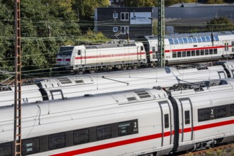 ICE trains on the railway line, IC, Intercity train, north of Düsseldorf main station, North