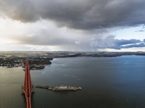 Inch Garvie Castle from a drone, Forth Bridge, Queensferry Crossing, Forth Estuary, Scotland,