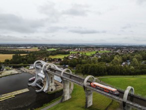 Filkirk Wheel from a drone, Forth and Clyde Canal, Falkirk, Scotland, UK