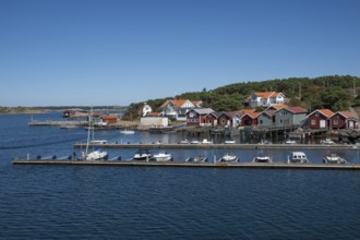 Harbour with boats and boathouses, Resö Island, Bohuslän, Skagerrak, Sotenäs, Västra Götalands län,