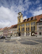 Old town centre and town hall in Baroque style, protected cultural monument, Roland Fountain,