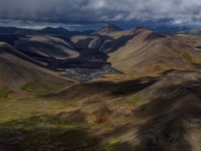 Lava, lava field, summer, cloudy, sunny, aerial view, Fagradalsfjall, Reykjanes, Iceland