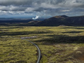 Lava, lava field, summer, cloudy, sunny, volcanic eruption, aerial view, tourists, car park, July