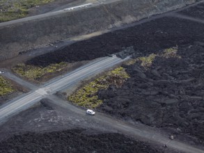Lava, lava field, road, destroyed, summer, cloudy, sunny, aerial view, Blue Lagoon, Sundhnúkur
