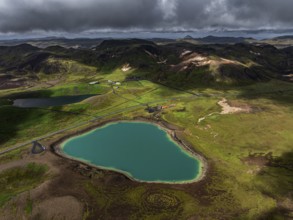 Lake, volcanic crater, volcanic landscape, mountains, cloudy, aerial view, summer, Graenavatn,