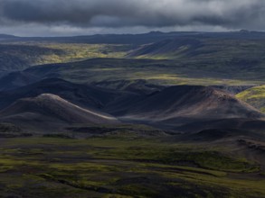 Volcanic landscape, mountains, cloudy, aerial view, summer, Reykjanes, Iceland
