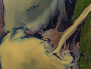 River, river course, river delta, branches, aerial view, wild river, summer, marshland, sediments,
