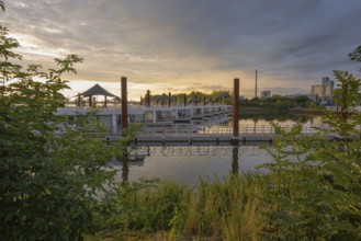 View of house messengers at Lankenauer Höft at Neustadt harbour in the evening light, Weser,