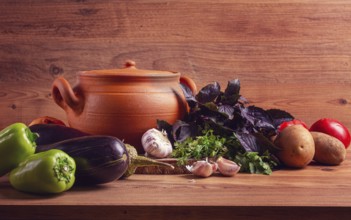 Clay pot, with ingredients, for cooking Chanakhi dishes, Georgian cuisine, no people