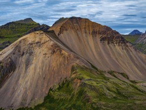 Mountains, coast, summer, aerial view, morning light, volcanic, cloudy, Faskrudsfjördur, East