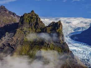 Glacier, glacier tongue, sunny, morning mood, mountains, fog, aerial view, summer, Kviarjökull,