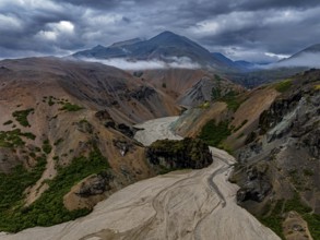River, river course, river delta, mountains, clouds, canyon, gorge, summer, aerial view, Hvannagil,