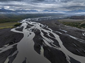 River, river course, river delta, mountains, clouds, summer, aerial view, Hvannagil, south-east
