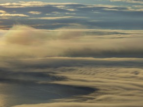 Fog, clouds, morning mood, mountains, aerial view, summer, Höfn, Iceland