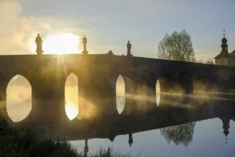 Morning atmosphere, fog at Fischhof, with historic Fischhof bridge, Tirschenreuth, Upper
