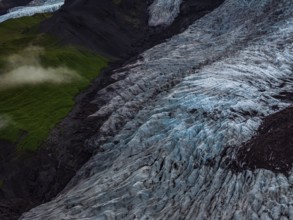 Glacier, glacier tongue, mountains, cloudy, summer, aerial view, Fjalljökull, Skaftafell, Iceland