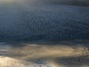 Icebergs, ice floes, glacial lake, glacier, summer, evening mood, aerial view, Fjallsjökull,