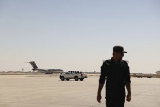 A Qatari plane carrying humanitarian and medical aid arrives at Damascus International Airport as