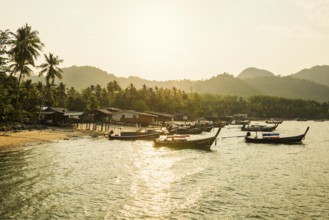 Fishing huts on the beach, sunset, Koh Mook, Trang province, southern Thailand, Andaman Sea,