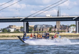 Multi-purpose boat of the THW during a training trip on the Rhine near Düsseldorf, the specialist