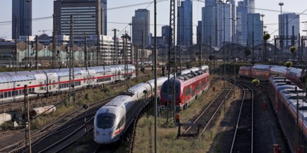 Elevated city view with many trains, railway station and skyscrapers, Frankfurt am Main, Hesse,