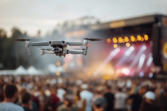 Ein Fernpilot steuert sein Quadrocopter, Drohne illegal über ein Open-Air Musik Konzert mit vielen
