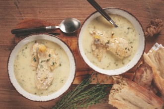 Chikhirtma chicken soup, Georgian dish, with lavash, top view, no people
