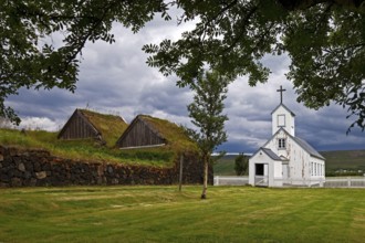 Grass sod house settlement Grenjadarstadur with church, Thingeyjarsveit municipality, North