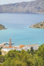 Panormitis bay, high angle view, Panormitis, Symi Island, Dodecanese Islands, Greece