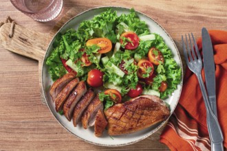 Delicious grilled duck breast served with fresh garden salad and cherry tomatoes at a rustic dining