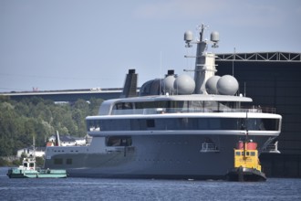 The new superyacht COSMOS leaves the Lürssen shipyard near Rendsburg for the Kiel Canal, Kielkanal,
