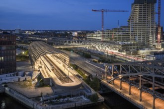 Blue hour aerial view of the Hamburg Elbbrücken U4 underground and suburban railway station and the