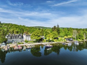 Windermere Lake from drone over Fell Foot Park, Lake District, Cumbria, England, United Kingdom