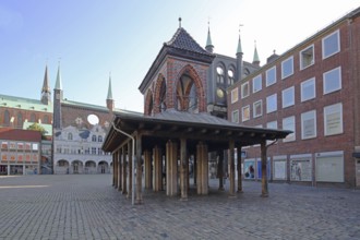 Gothic Kaak former pillory at the market square and town hall, pedestrian, temple, wooden beams,