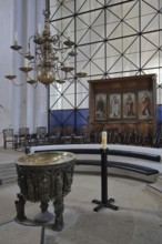 Baptismal font, chandelier and candle, interior view, gothic, cathedral, Lübeck,