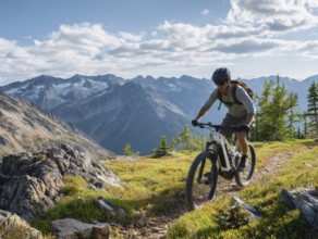 A single mountain biker quickly rides a trail in the high mountains, motion blur, AI generated, AI