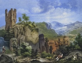 Neideck castle ruins around 1850, former high medieval aristocratic castle above the village of