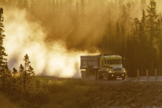 Transport truck driving on a dusty forest track, Province of Quebec, Canada, North America
