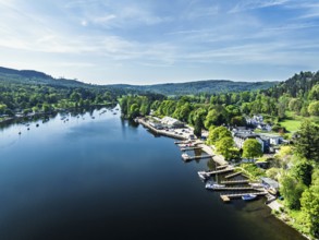 Windermere Lake from drone over Fell Foot Park, Lake District, Cumbria, England, United Kingdom