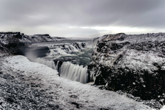Gulfoss Waterfall in southern iceland, Winter, Golden Circle, Mountains, River, Snow, Iceland,