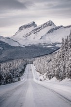 Winter road trip on the Icefields Parkway with lots of snow and ice, Banff National Park, Jasper