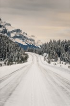 Winter road trip on the Icefields Parkway with lots of snow and ice, Banff National Park, Jasper