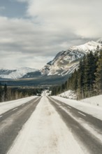 Winter road trip on the Icefields Parkway with lots of snow and ice, Banff National Park, Jasper