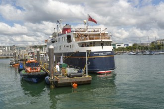 Hebridean Princess historic cruise ship vessel, Sutton Harbour, Plymouth, Devon, England, UK
