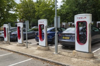 Charging point facility for Tesla electric vehicles at service station, M25 South Mimms services,