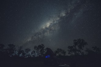 Milky Way in the Australian outback. Camping in a Landrover rooftop tent, Australia