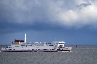The North Sea car ferry Münsterland, arrives in the ferry harbour of Eemshaven, in the Ems estuary,