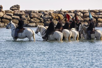 Guardians of the Camargue, traditional shepherds riding through water, rider on Camargue horse,
