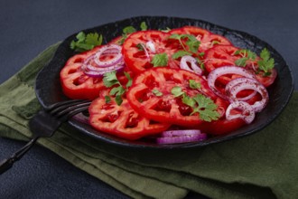 Freshly sliced tomatoes and red onions, garnished with herbs, on a black plate, summer salad, no