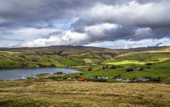 Farms over Loch Harport, Drynoch, Isle of Skye, Scotland, UK